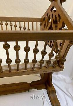 Rare Antique Victorian Swingin Rockin Baby Cradle Bassinet Hand carved Tiger Oak