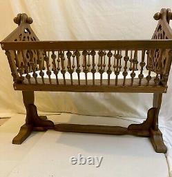 Rare Antique Victorian Swingin Rockin Baby Cradle Bassinet Hand carved Tiger Oak