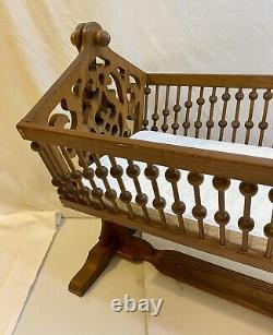 Rare Antique Victorian Swingin Rockin Baby Cradle Bassinet Hand carved Tiger Oak