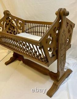 Rare Antique Victorian Swingin Rockin Baby Cradle Bassinet Hand carved Tiger Oak