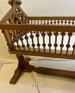 Rare Antique Victorian Swingin Rockin Baby Cradle Bassinet Hand carved Tiger Oak