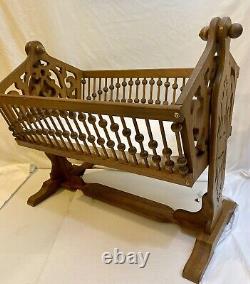 Rare Antique Victorian Swingin Rockin Baby Cradle Bassinet Hand carved Tiger Oak