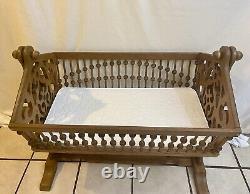 Rare Antique Victorian Swingin Rockin Baby Cradle Bassinet Hand carved Tiger Oak