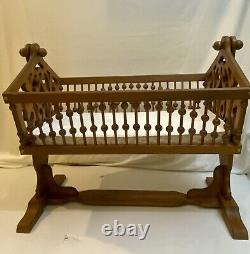 Rare Antique Victorian Swingin Rockin Baby Cradle Bassinet Hand carved Tiger Oak