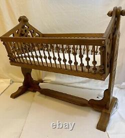 Rare Antique Victorian Swingin Rockin Baby Cradle Bassinet Hand carved Tiger Oak