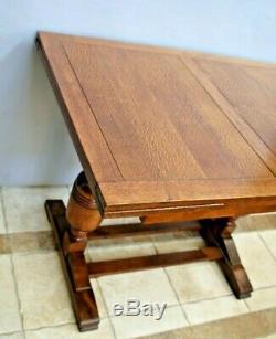 Rare English Pub Table Solid Tiger Oak Drop under pull out expanding side Leafs