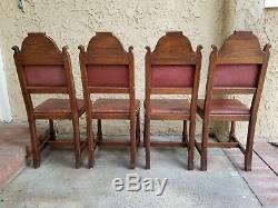 SET4x Antique French Carved Tiger Oak GOTHIC Revival Dining Chairs Leather Seat