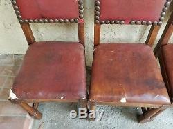 SET4x Antique French Carved Tiger Oak GOTHIC Revival Dining Chairs Leather Seat