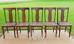 SET OF FIVE Antique Quarter Sawn Tiger Oak T Back Style Chairs w original finish