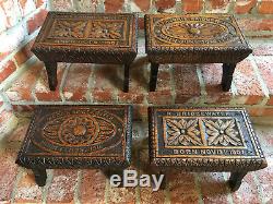 Set 4 Antique English Carved Tiger Oak Footstool Stool Stand dated 1905 Child