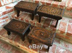 Set 4 Antique English Carved Tiger Oak Footstool Stool Stand dated 1905 Child