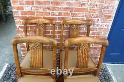 Set Of 4 English Antique Tiger Oak Art Deco New Upholstered Chairs