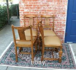 Set Of 4 English Antique Tiger Oak Art Deco New Upholstered Chairs