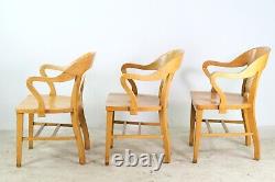 Set of 3 Tiger Oak Woven Wicker Back Banker Arm Chairs