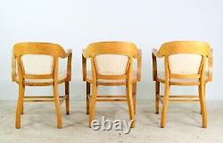 Set of 3 Tiger Oak Woven Wicker Back Banker Arm Chairs
