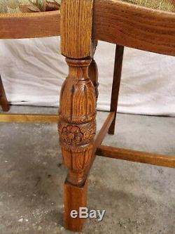 Set of 4 English Tiger Oak Floral Carved Dining Chairs 1930s Reglued Refinished