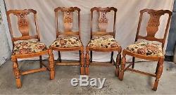 Set of 4 English Tiger Oak Floral Carved Dining Chairs 1930s Reglued Refinished