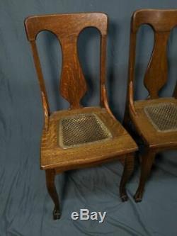 Set of (4) Solid Tiger Oak Antique Dining T-Back Chairs Cane Bottom Quartersawn