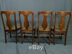 Set of (4) Solid Tiger Oak Antique Dining T-Back Chairs Cane Bottom Quartersawn