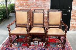 Set of 6 Antique Art Deco Tiger Oak Wood Dining Room Chairs with 2 Armchairs