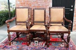 Set of 6 Antique Art Deco Tiger Oak Wood Dining Room Chairs with 2 Armchairs