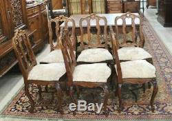 Set of 6 French Antique Tiger Oak Upholstered Louis XV Dining Chairs