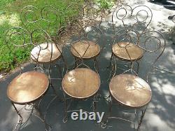 Set of 6 Ice Cream Parlor Chairs Tiger Oak and Wrought Iron Antique Cafe bistro