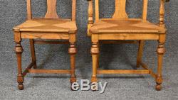 Set of Six Vintage French Country Fiddle Back Tiger Oak Rush Seat Dining Chairs