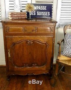 Slim Antique French Carved Tiger Oak End Table, Wine Liquor Cabinet Nightstand