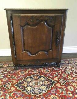 Slim Antique French Carved Tiger Oak End Table, Wine Liquor Cabinet Nightstand