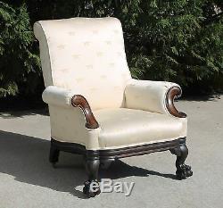 Stately Antique Tiger Oak Paw Feet Parlor Armchair Dragonfly Fabric c1900