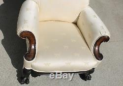Stately Antique Tiger Oak Paw Feet Parlor Armchair Dragonfly Fabric c1900