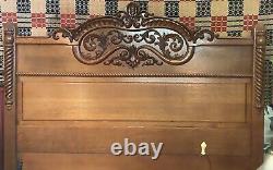 TALL Antique CARVED Victorian TIGER OAK Full Size Bed HEADBOARD ONLY 76 Tall