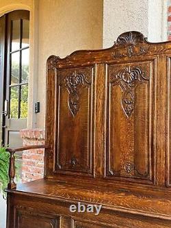TALL Antique French Louis XV Bench Settle Pew Carved Tiger Oak Chest Foyer Entry