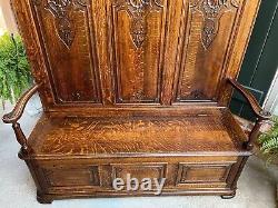 TALL Antique French Louis XV Bench Settle Pew Carved Tiger Oak Chest Foyer Entry