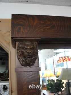 TIGER OAK HALL TREE STAND BENCH SEAT PIER MIRROR CARVED LION HEADS 84x56 ANTIQUE