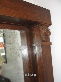 TIGER OAK HALL TREE STAND BENCH SEAT PIER MIRROR CARVED LION HEADS 84x56 ANTIQUE