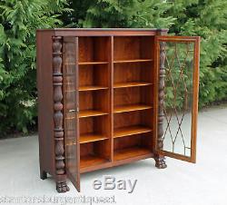 Tiger Oak Acanthus Carved Columns & Paw Feet Bookcase Display Cabinet c1890