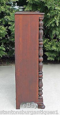 Tiger Oak Acanthus Carved Columns & Paw Feet Bookcase Display Cabinet c1890