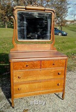 Tiger Oak Dresser with Swivel Beveled Mirror, Applied Carvings Antique