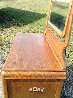 Tiger Oak Dresser with Swivel Beveled Mirror, Applied Carvings Antique
