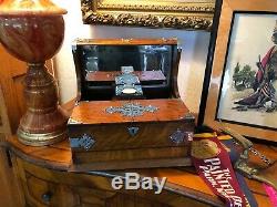 Tiger Oak Mirrored English Victorian Cribbage Game Portable Bar Whiskey Decanter