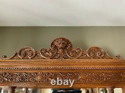 Tiger Oak Mirrored Sideboard Buffet With Griffins and Detailed Carvings