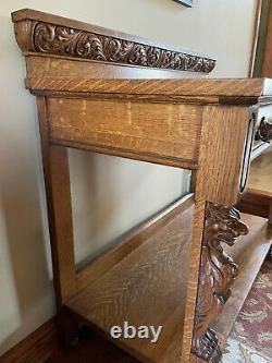 Tiger Oak Server Buffet With Griffins and Detailed Carvings