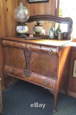 Tiger Oak Sideboard Buffet Vintage Mirror Dining Room Table Dresser Cupboard