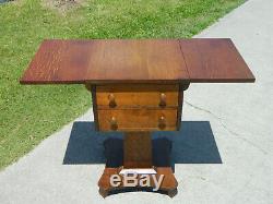 Tiger Oak Two Drawer Drop Leaf Lamp Table Work Table circa 1920