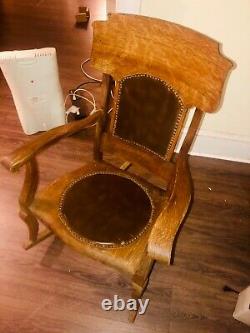 Tiger oak antique turn of the century rocking Chair Leather seat and back rare