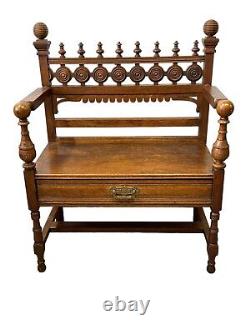 Tiger oak antique victorian eastlake folk art hall bench aesthetic drawer chair
