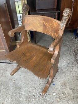Unusual Chinese Fu Dog Carved Tiger Oak Tub Chair Victorian 1890 Wow
