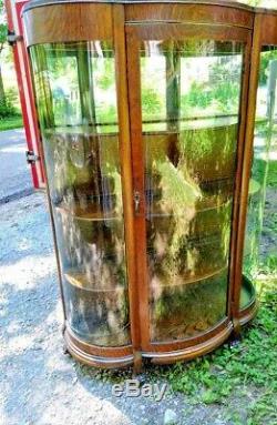 VICTORIAN TIGER OAK curved glass Bow Front China Display Cabinet with 2 kEYS